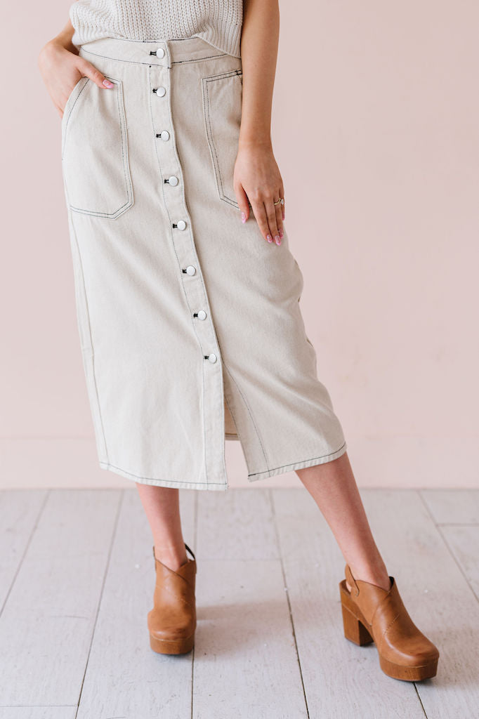 White linen button top down skirt